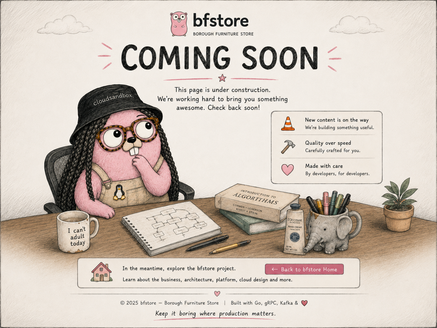 A pink bfstore Go gopher in a Cloud Sandbox bucket hat, glasses and dungarees, thinking at a desk covered with engineering notes.