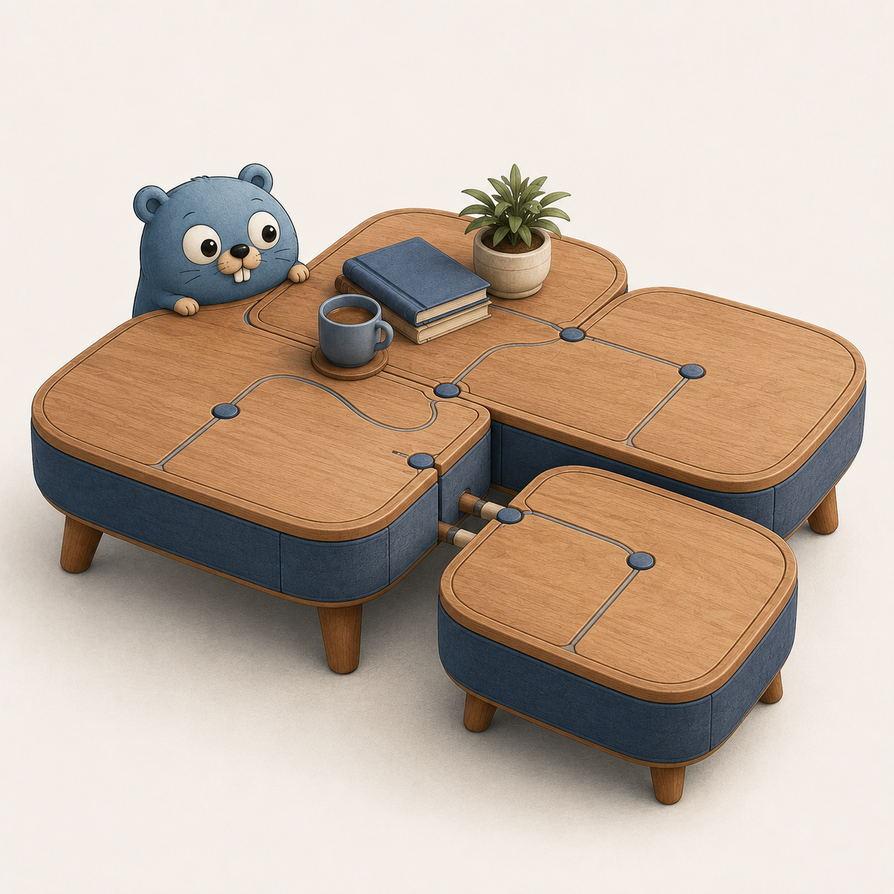 A modular wooden coffee table made from connected sections, with books, coffee, plants and a small gopher